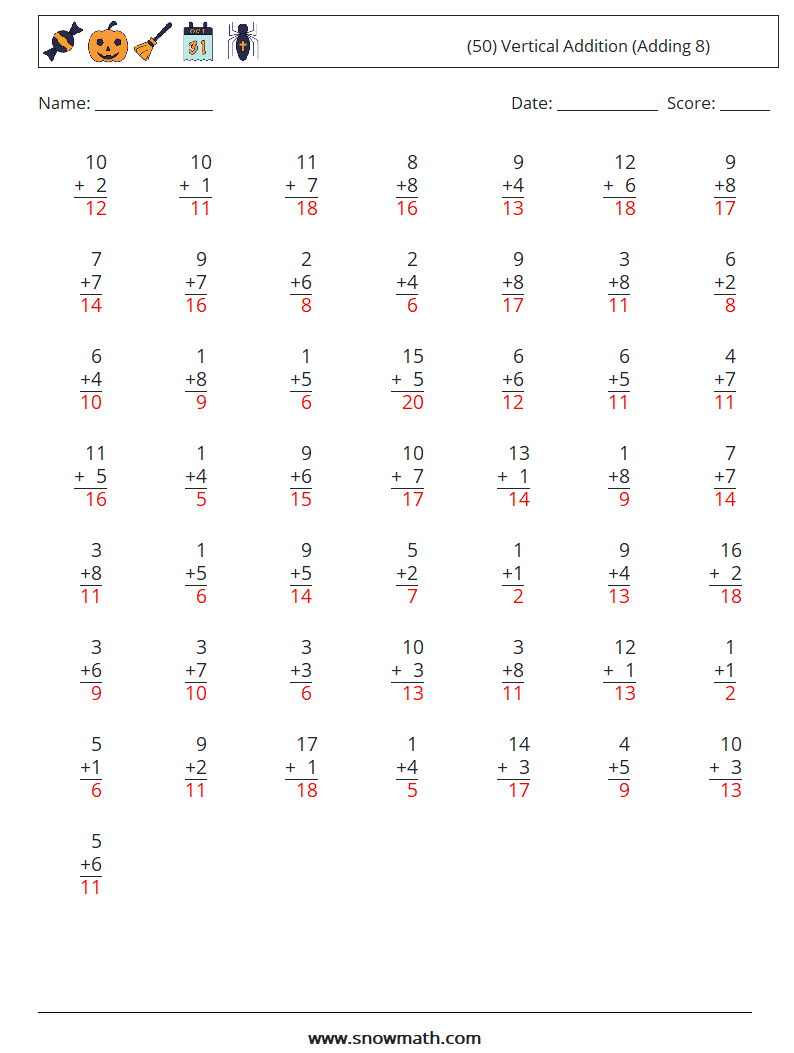 (50) Vertical  Addition (Adding 8) Math Worksheets 13 Question, Answer