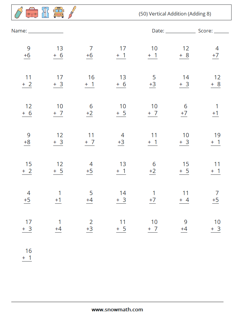 (50) Vertical  Addition (Adding 8) Math Worksheets 14