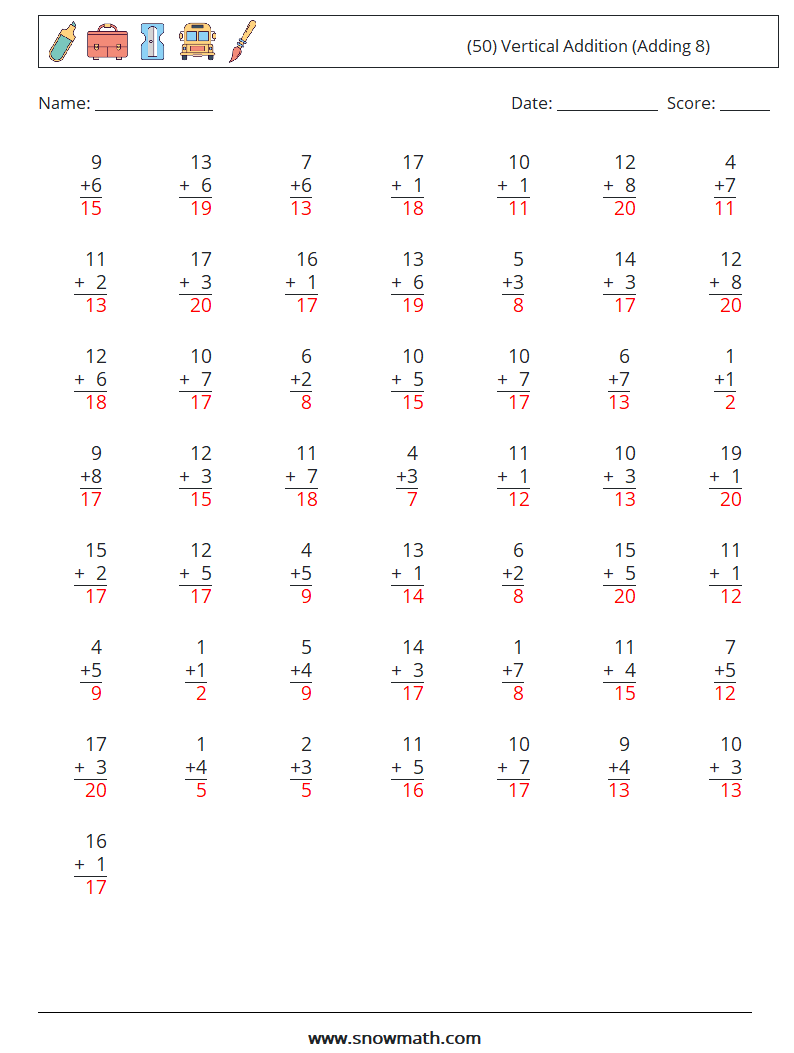 (50) Vertical  Addition (Adding 8) Math Worksheets 14 Question, Answer