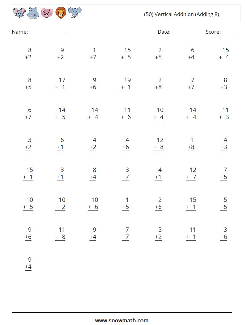 (50) Vertical  Addition (Adding 8) Math Worksheets 15