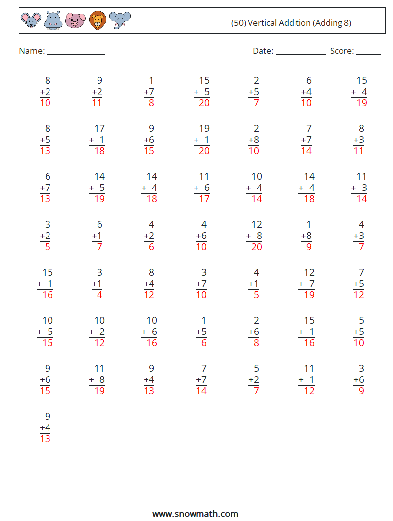 (50) Vertical  Addition (Adding 8) Math Worksheets 15 Question, Answer