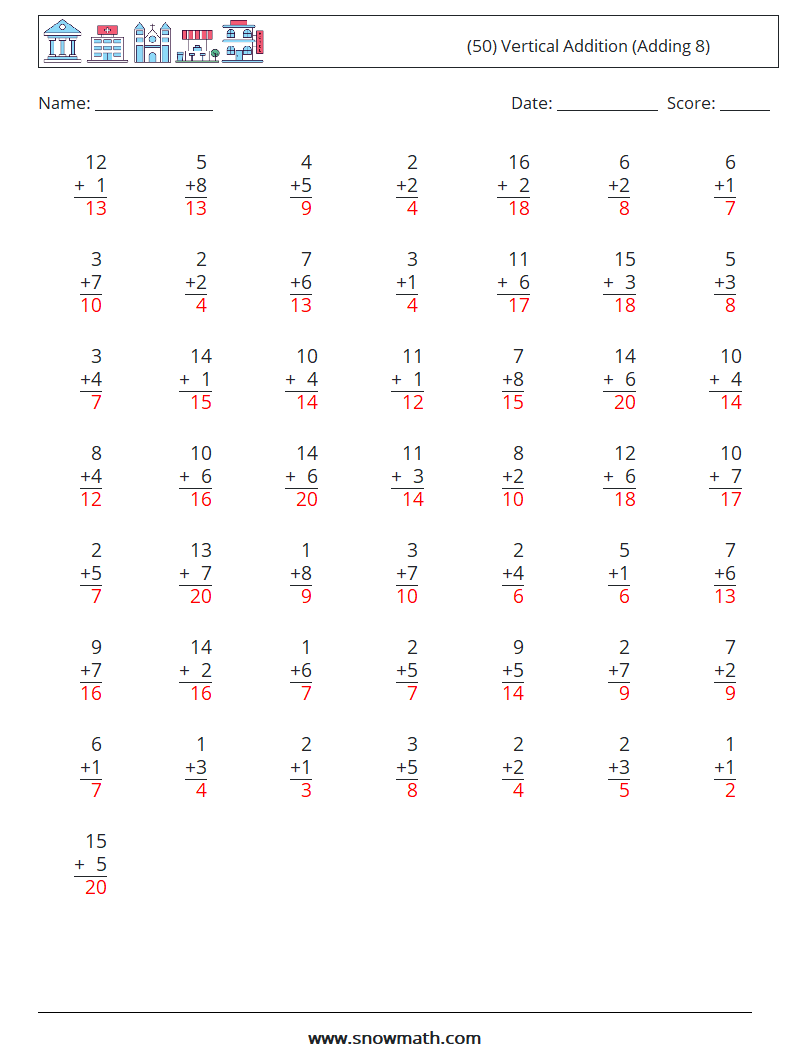 (50) Vertical  Addition (Adding 8) Math Worksheets 16 Question, Answer