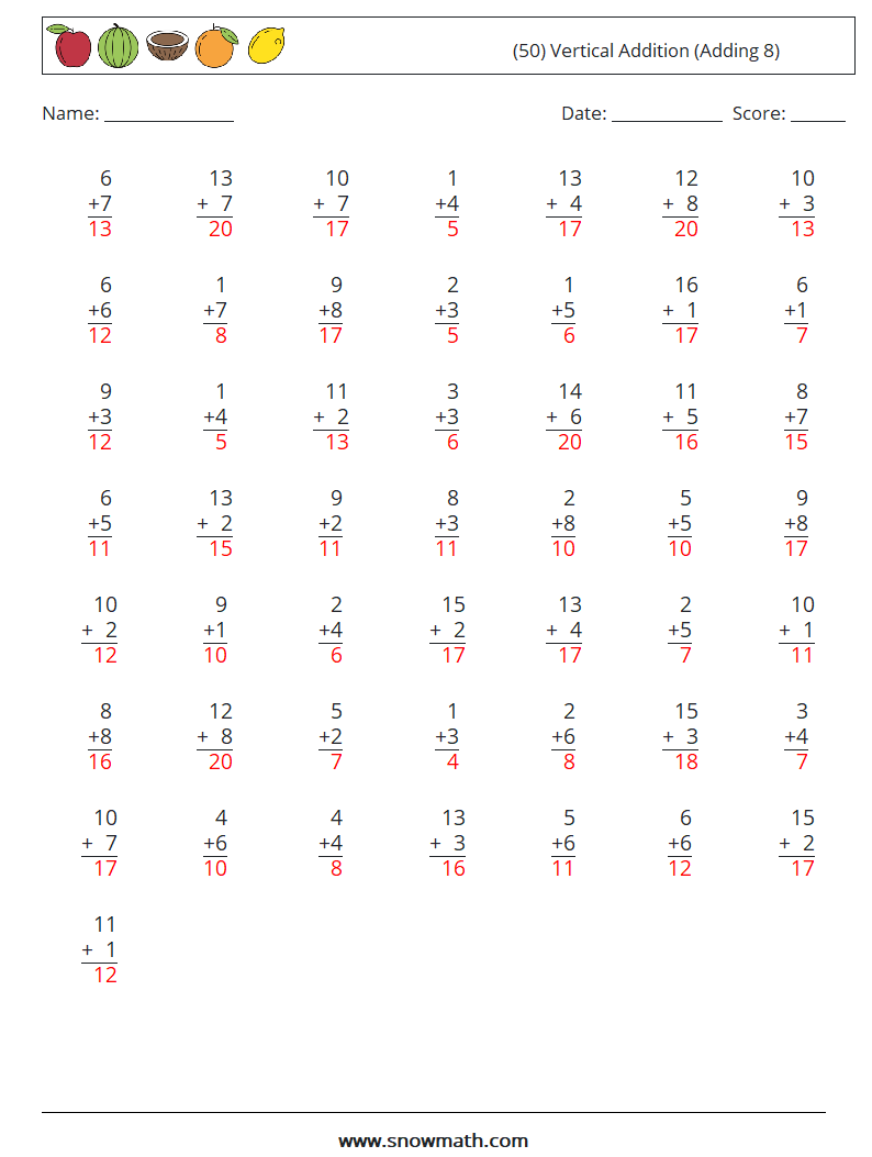 (50) Vertical  Addition (Adding 8) Math Worksheets 17 Question, Answer