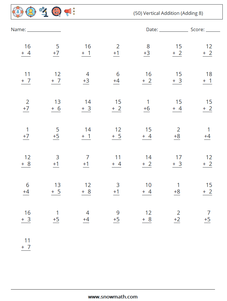 (50) Vertical  Addition (Adding 8) Math Worksheets 18