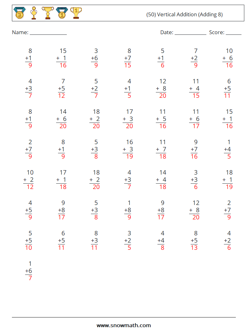 (50) Vertical  Addition (Adding 8) Math Worksheets 2 Question, Answer