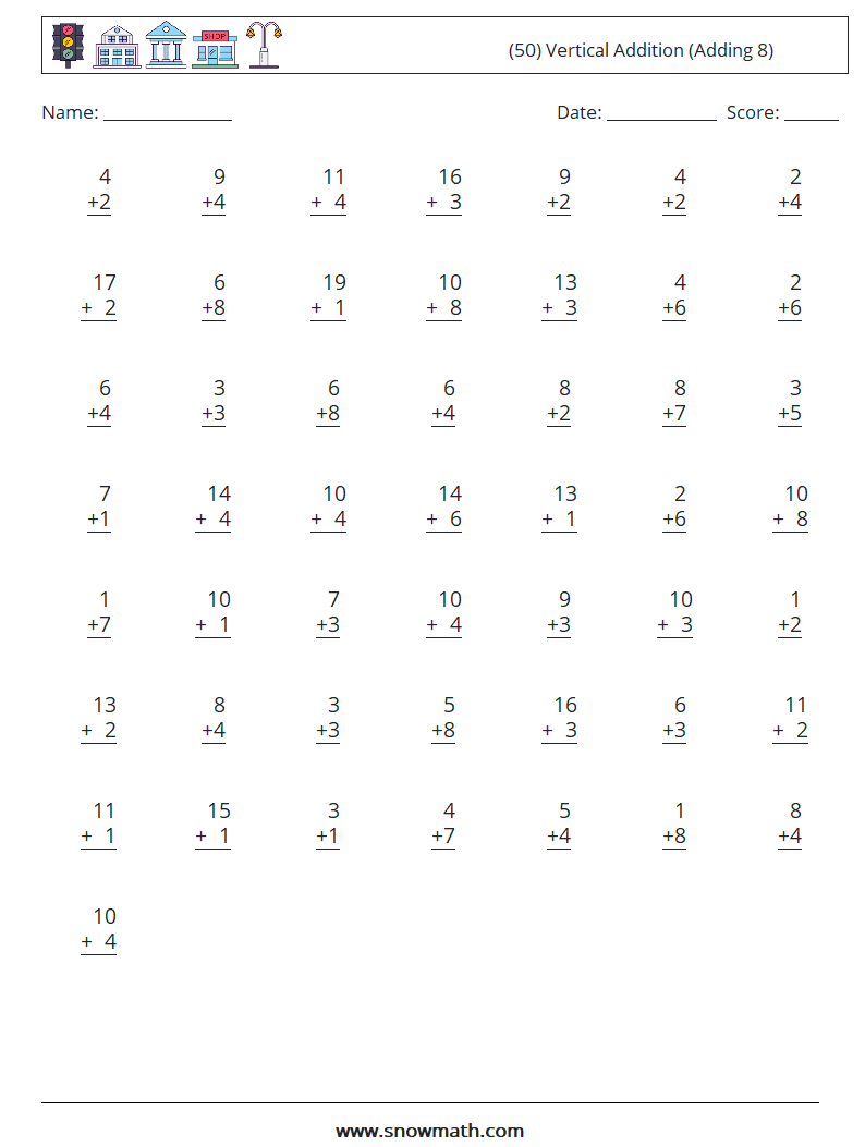 (50) Vertical  Addition (Adding 8) Math Worksheets 3