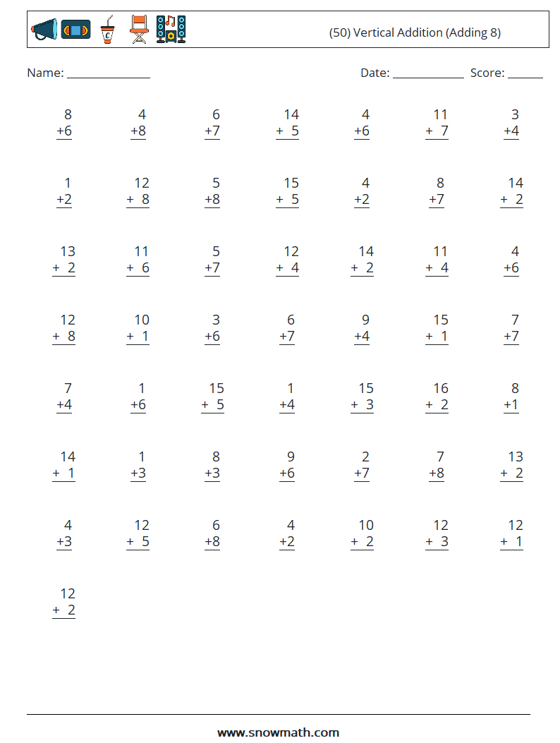 (50) Vertical  Addition (Adding 8) Math Worksheets 4