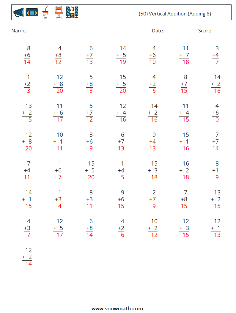 (50) Vertical  Addition (Adding 8) Math Worksheets 4 Question, Answer