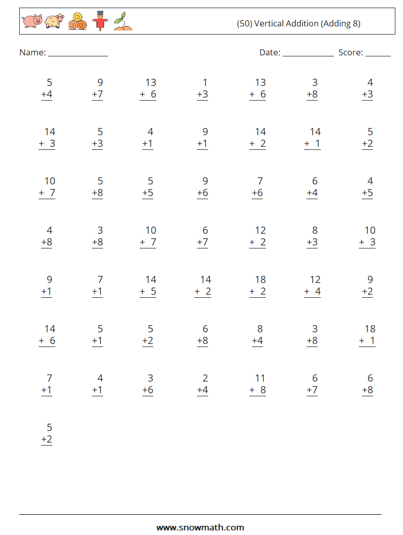 (50) Vertical  Addition (Adding 8) Math Worksheets 5