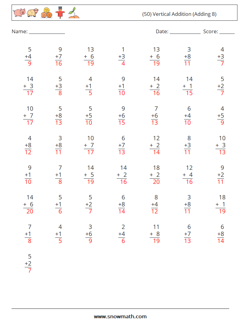 (50) Vertical  Addition (Adding 8) Math Worksheets 5 Question, Answer