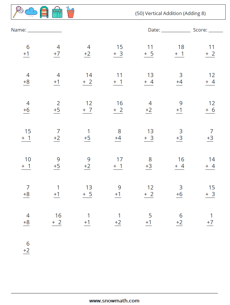 (50) Vertical  Addition (Adding 8) Math Worksheets 7