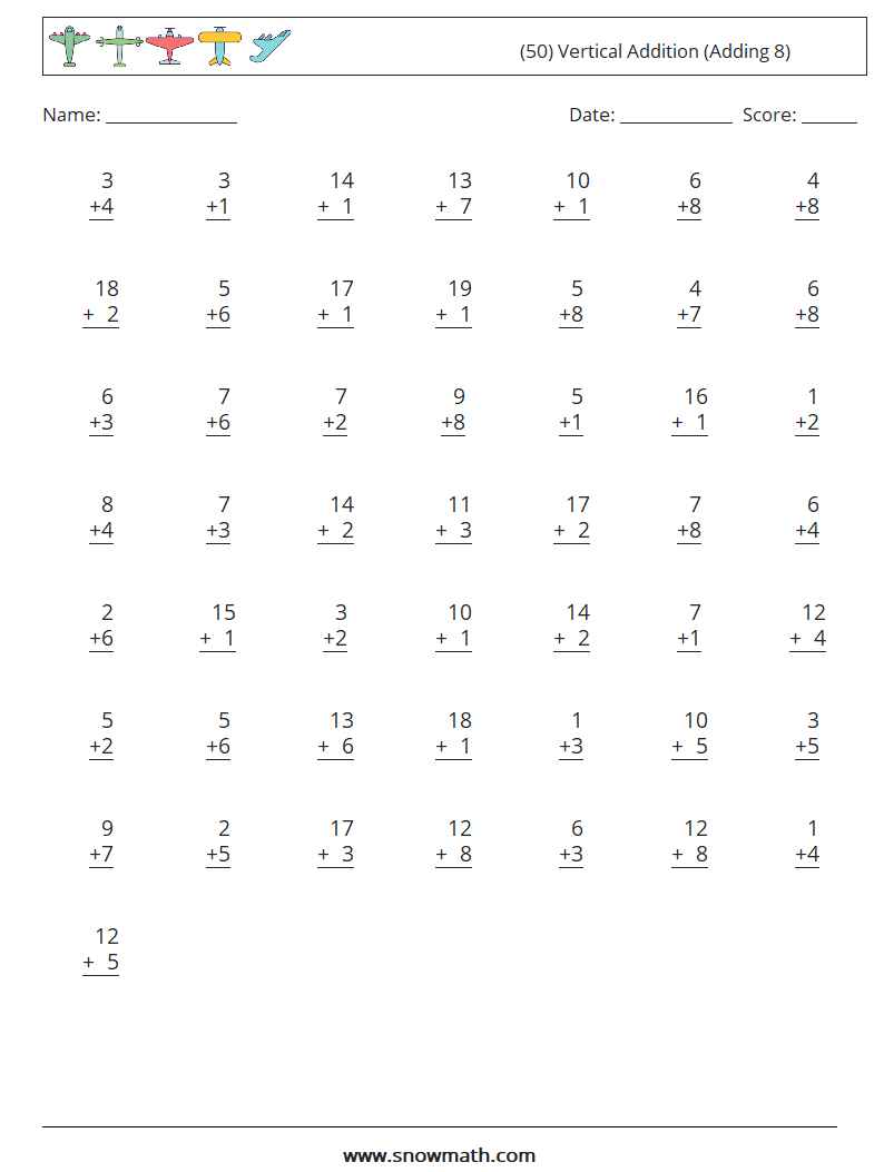 (50) Vertical  Addition (Adding 8) Math Worksheets 8