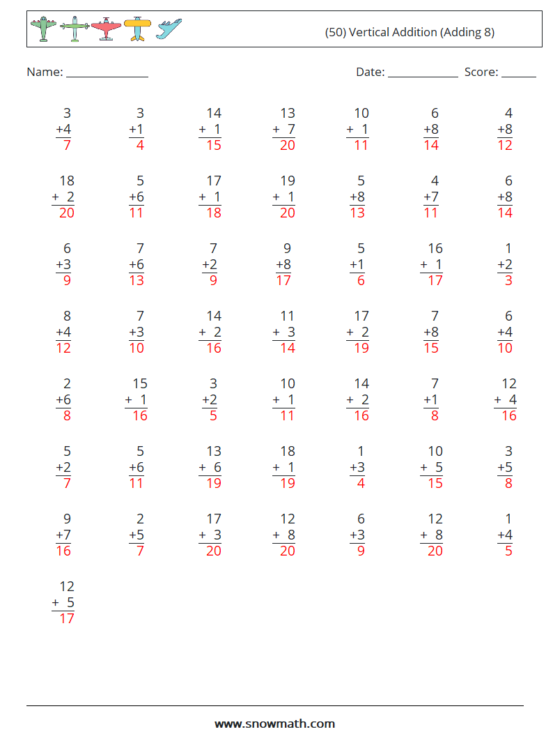 (50) Vertical  Addition (Adding 8) Math Worksheets 8 Question, Answer