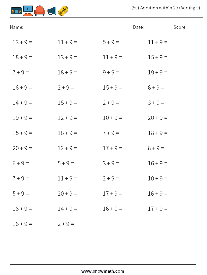 (50) Addition within 20 (Adding 9) Math Worksheets 1