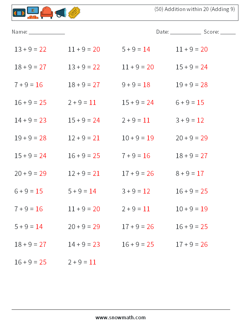 (50) Addition within 20 (Adding 9) Math Worksheets 1 Question, Answer