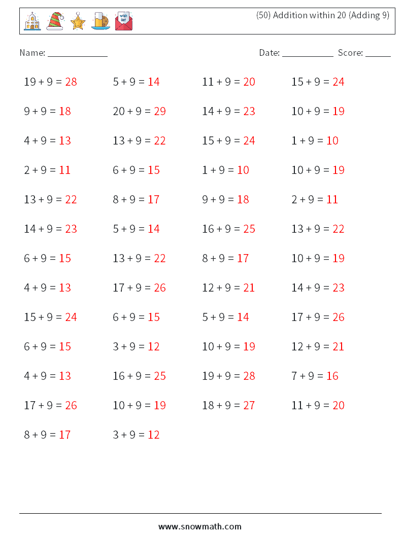 (50) Addition within 20 (Adding 9) Math Worksheets 2 Question, Answer
