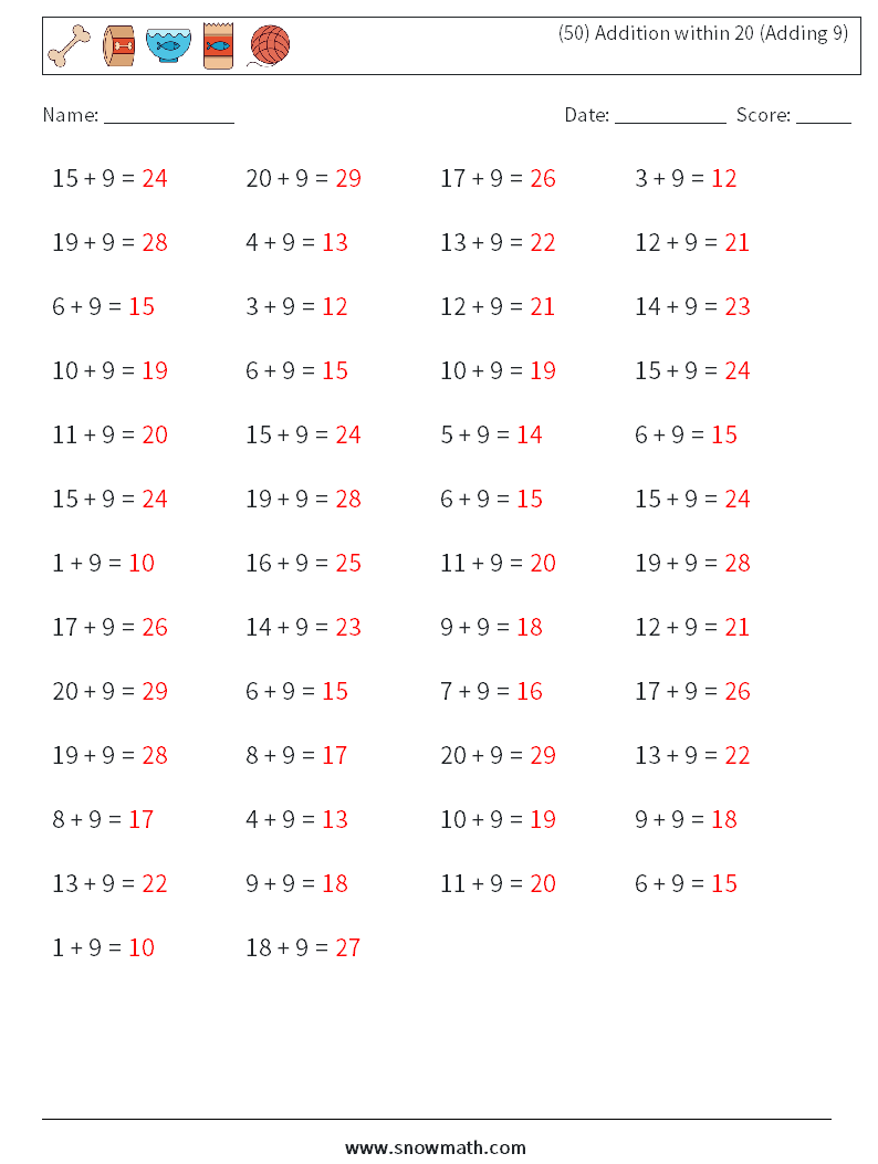 (50) Addition within 20 (Adding 9) Math Worksheets 3 Question, Answer