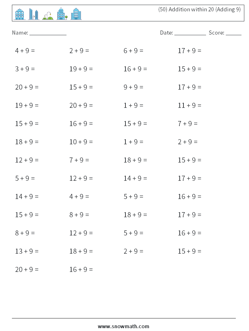 (50) Addition within 20 (Adding 9) Math Worksheets 4