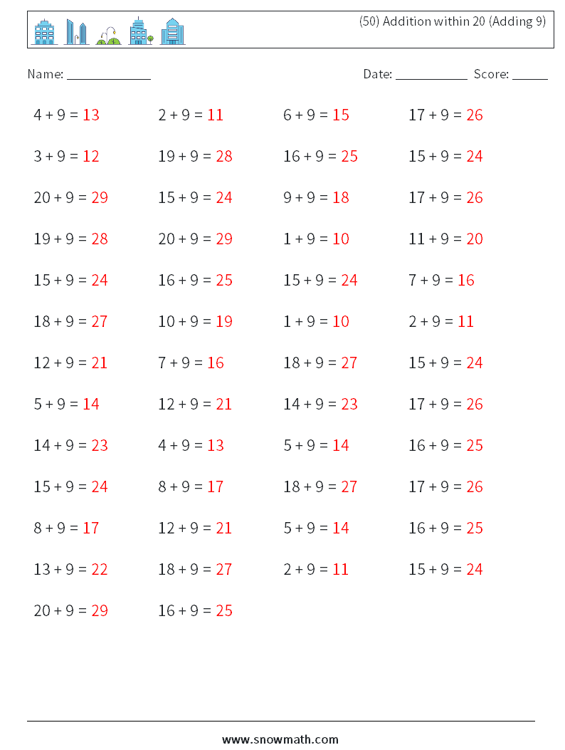 (50) Addition within 20 (Adding 9) Math Worksheets 4 Question, Answer