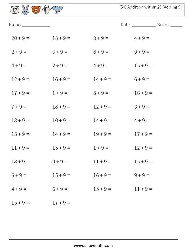 (50) Addition within 20 (Adding 9) Math Worksheets 5