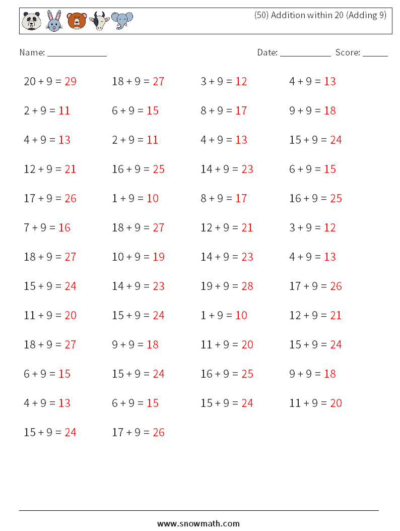 (50) Addition within 20 (Adding 9) Math Worksheets 5 Question, Answer