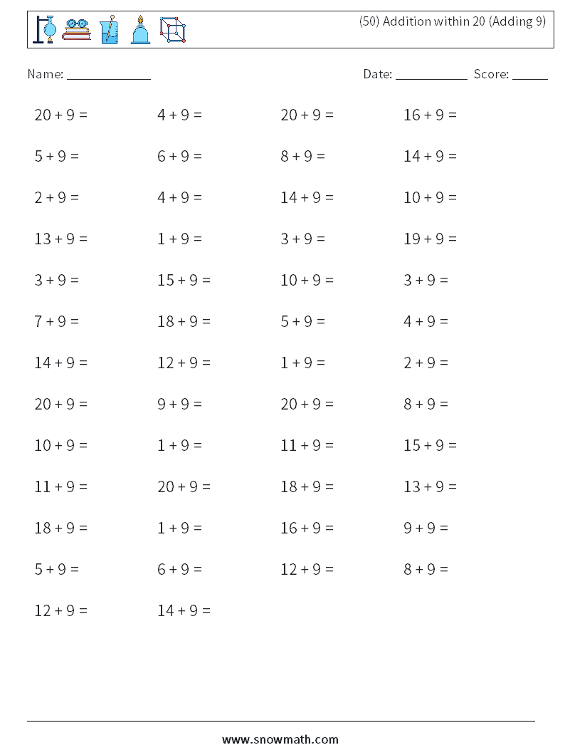 (50) Addition within 20 (Adding 9) Math Worksheets 6