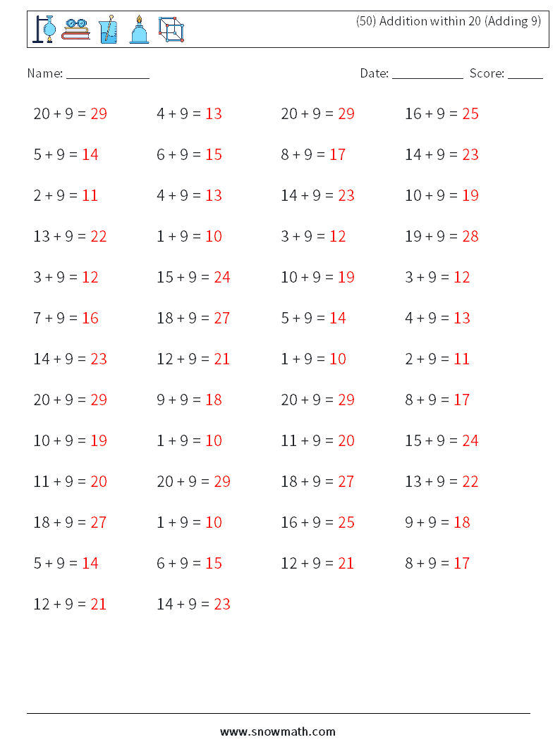 (50) Addition within 20 (Adding 9) Math Worksheets 6 Question, Answer
