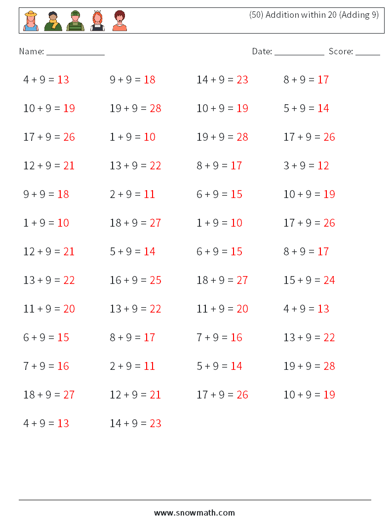 (50) Addition within 20 (Adding 9) Math Worksheets 7 Question, Answer
