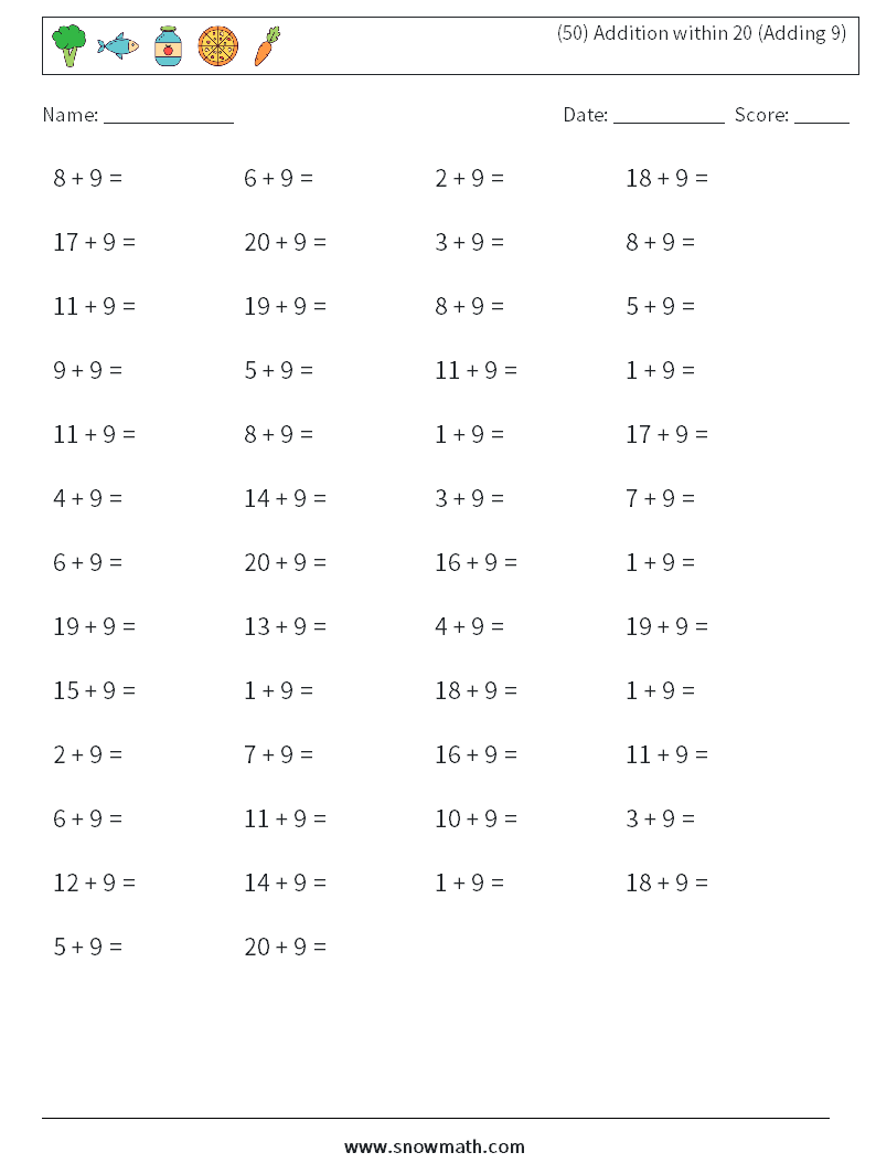 (50) Addition within 20 (Adding 9) Math Worksheets 8