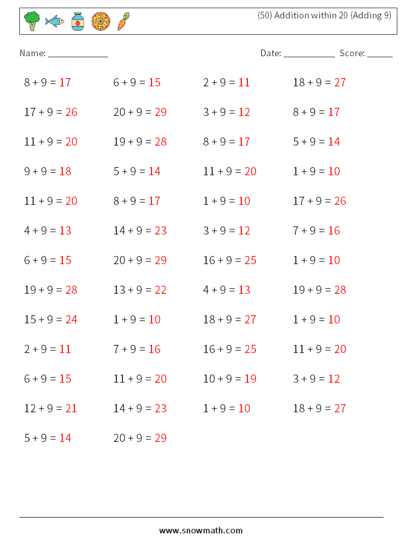 (50) Addition within 20 (Adding 9) Math Worksheets 8 Question, Answer