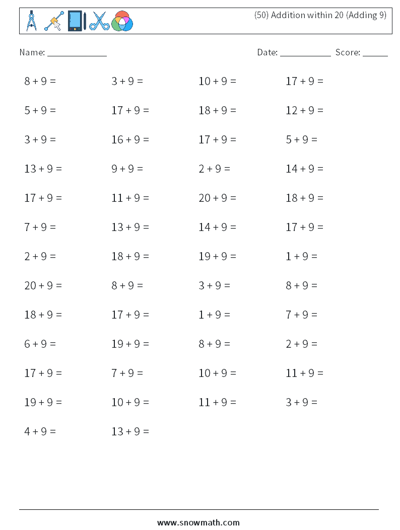 (50) Addition within 20 (Adding 9) Math Worksheets 9