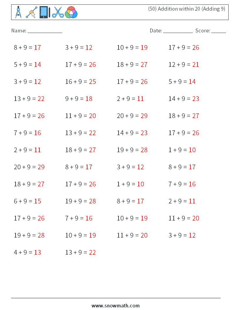 (50) Addition within 20 (Adding 9) Math Worksheets 9 Question, Answer