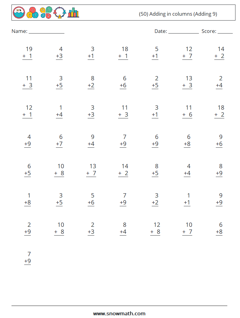 (50) Adding in columns (Adding 9) Math Worksheets 1
