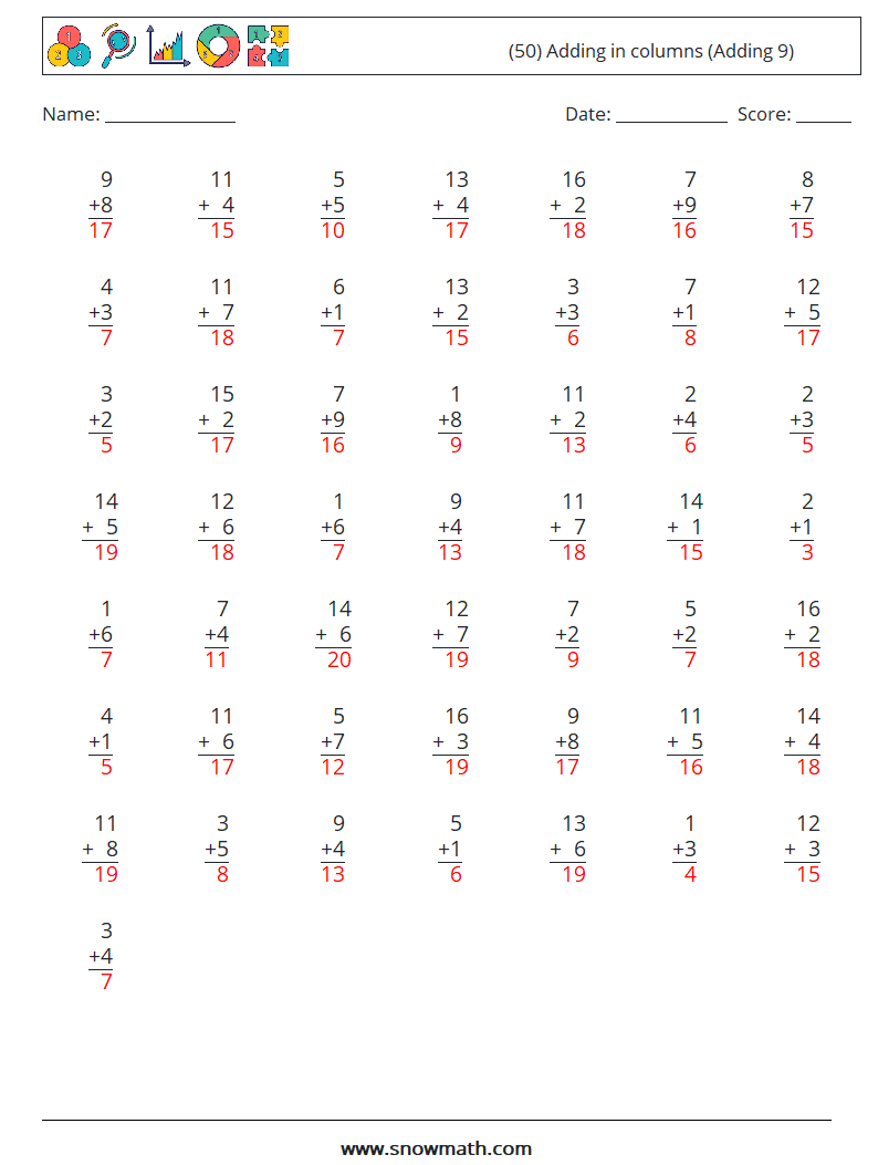 (50) Adding in columns (Adding 9) Math Worksheets 10 Question, Answer