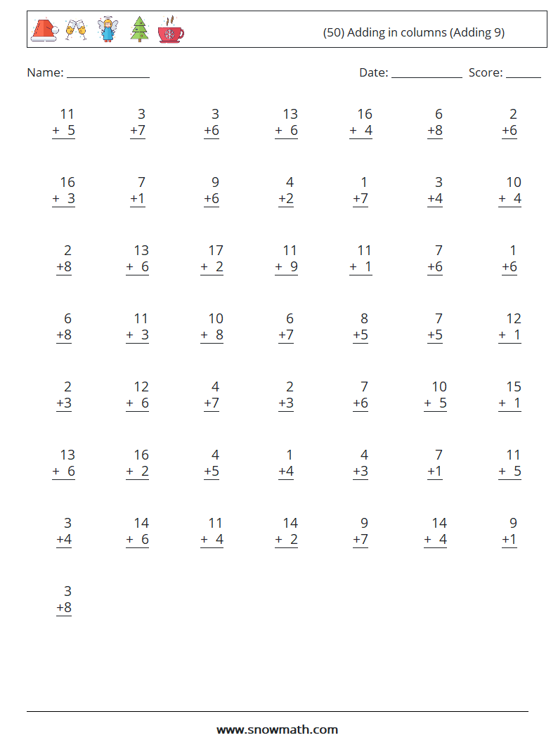 (50) Adding in columns (Adding 9) Math Worksheets 12