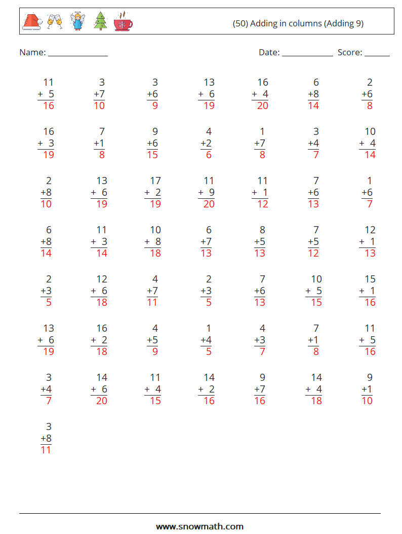 (50) Adding in columns (Adding 9) Math Worksheets 12 Question, Answer