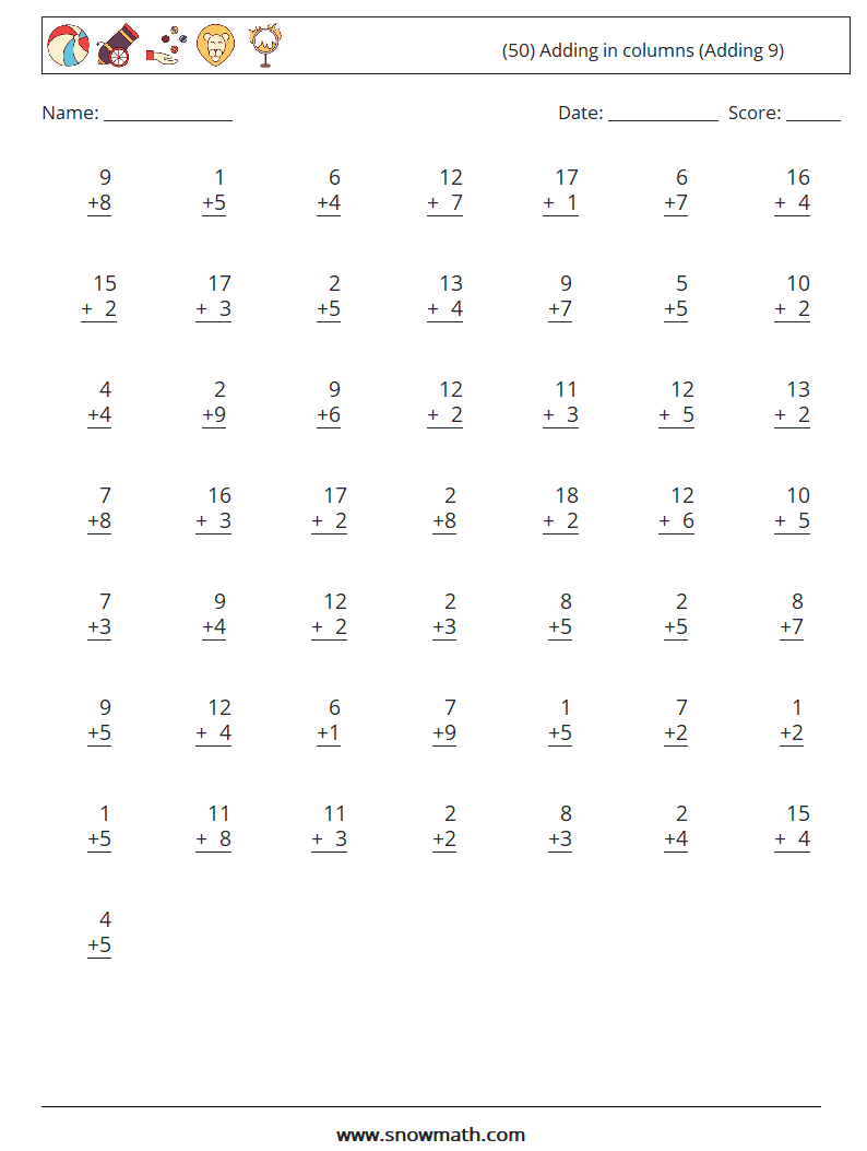 (50) Adding in columns (Adding 9) Math Worksheets 14