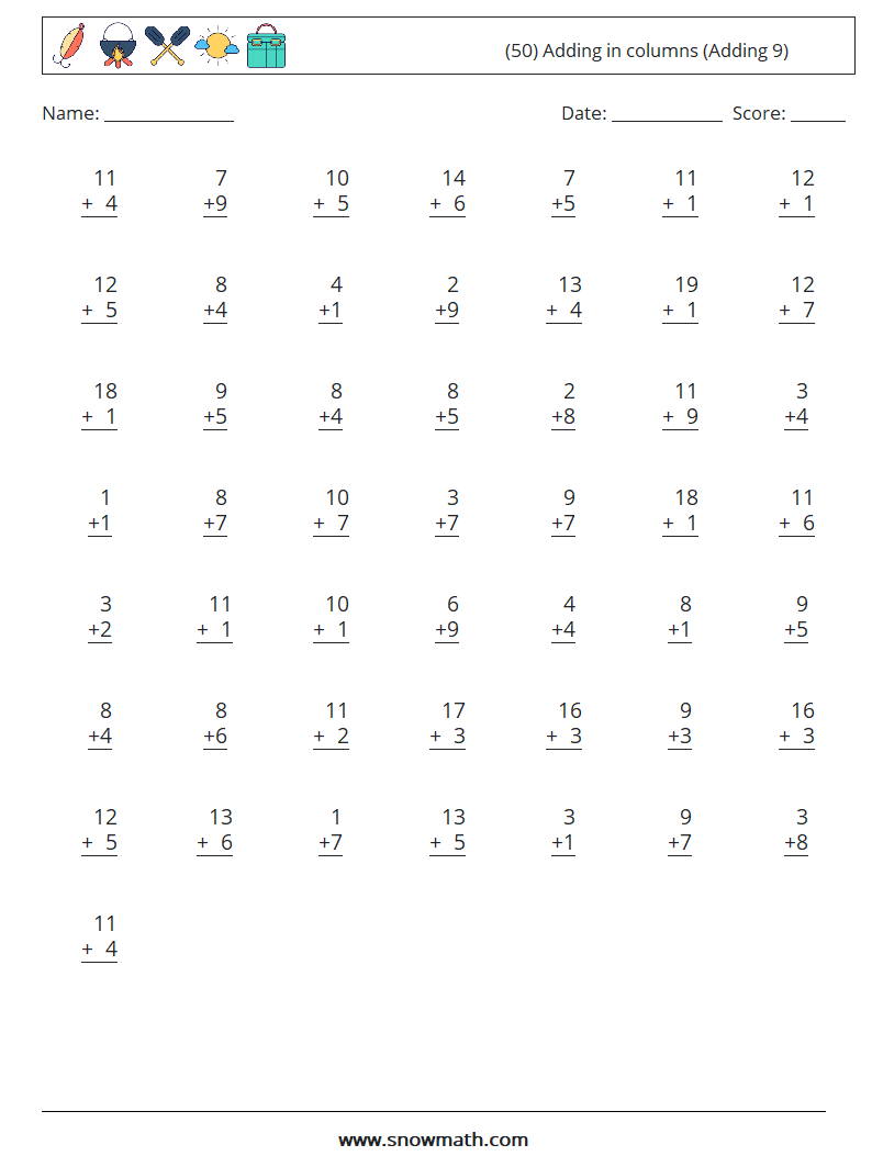 (50) Adding in columns (Adding 9) Math Worksheets 15