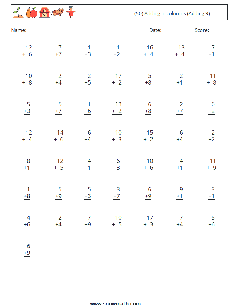 (50) Adding in columns (Adding 9) Math Worksheets 17