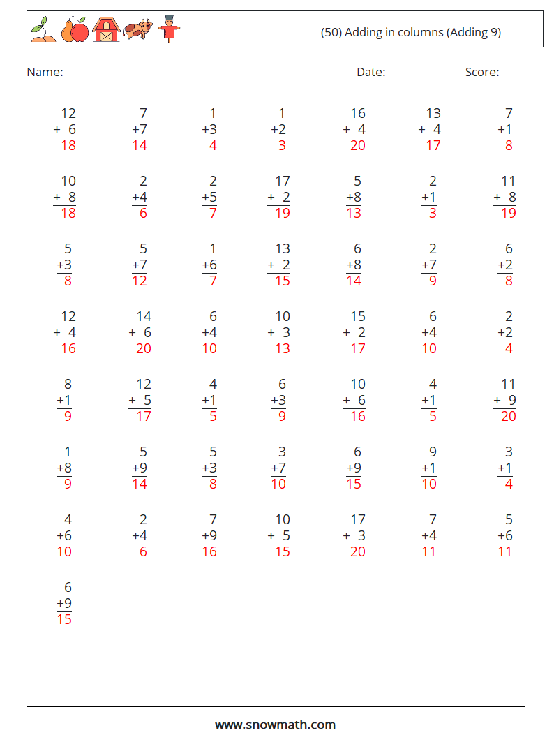 (50) Adding in columns (Adding 9) Math Worksheets 17 Question, Answer