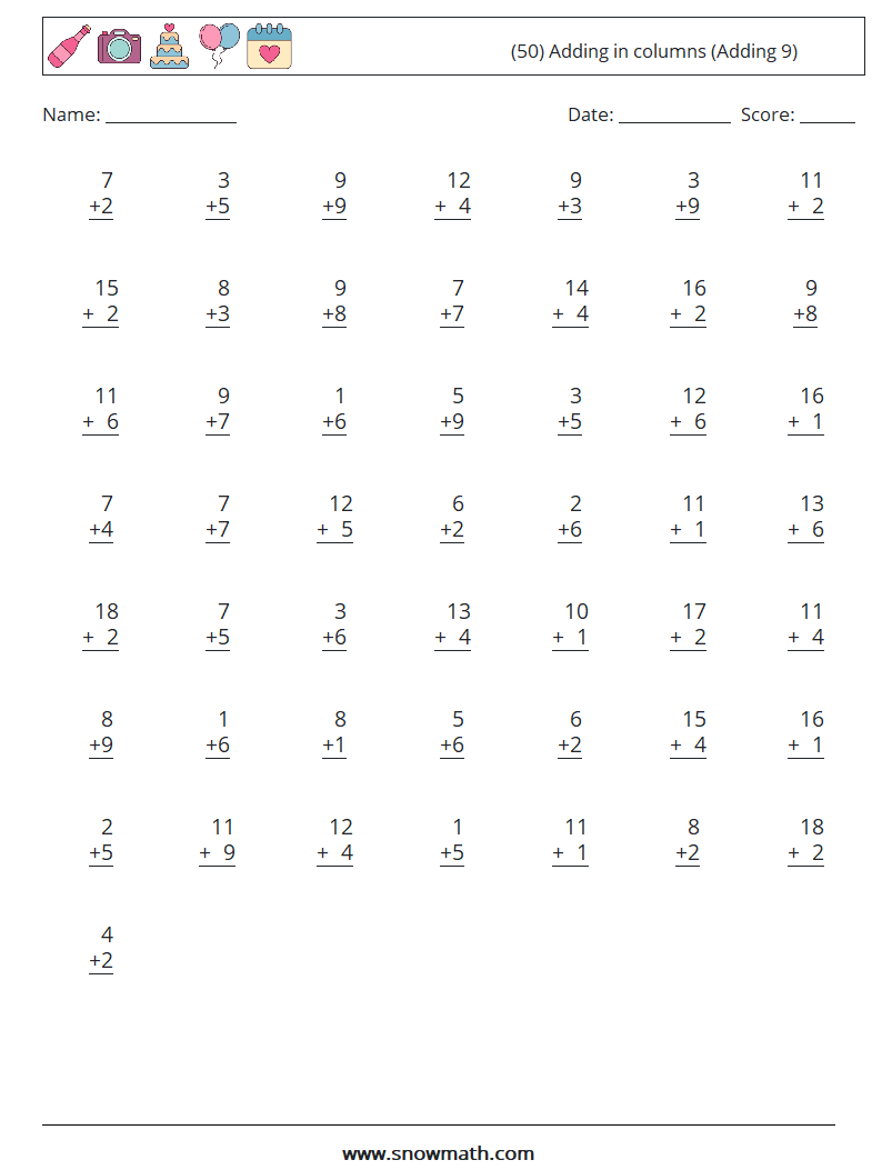 (50) Adding in columns (Adding 9) Math Worksheets 18