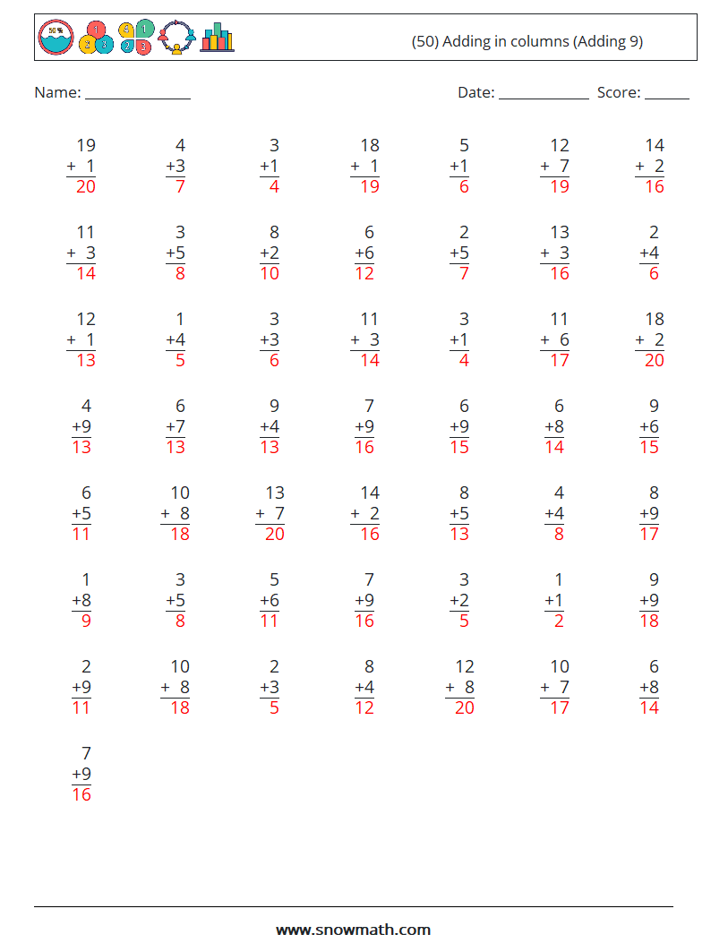 (50) Adding in columns (Adding 9) Math Worksheets 1 Question, Answer