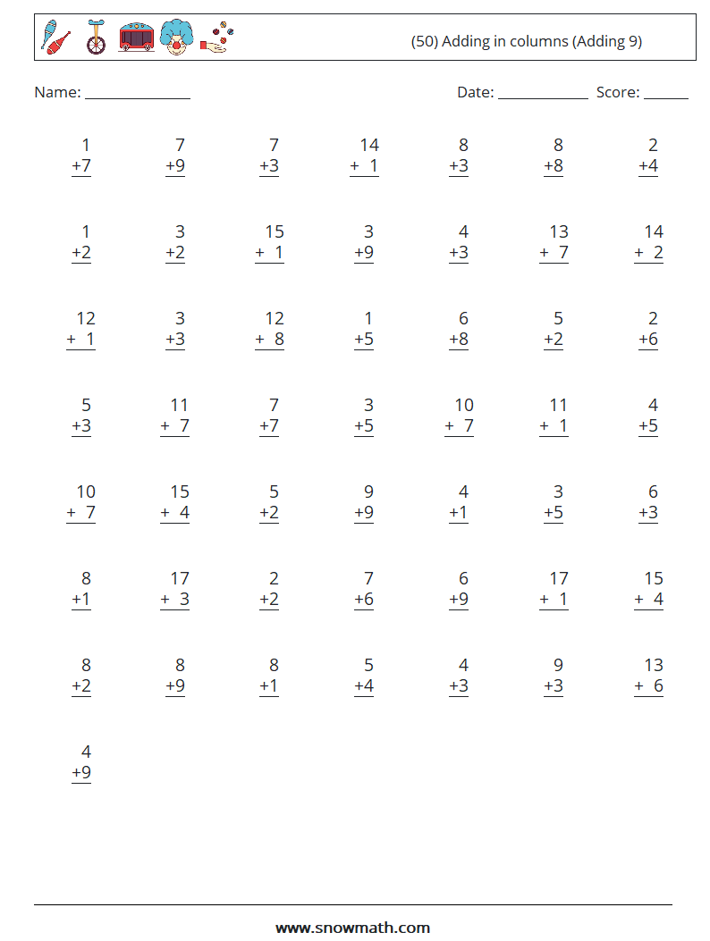 (50) Adding in columns (Adding 9) Math Worksheets 2