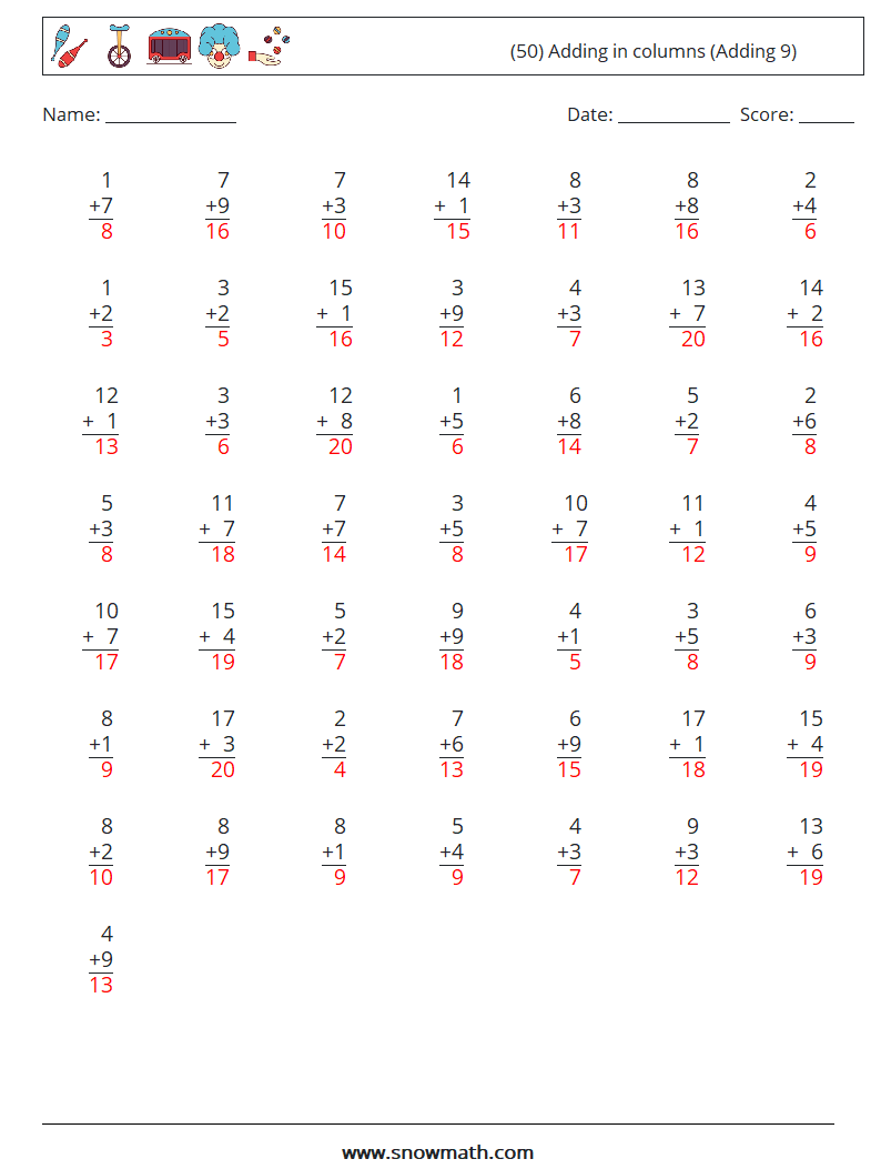 (50) Adding in columns (Adding 9) Math Worksheets 2 Question, Answer