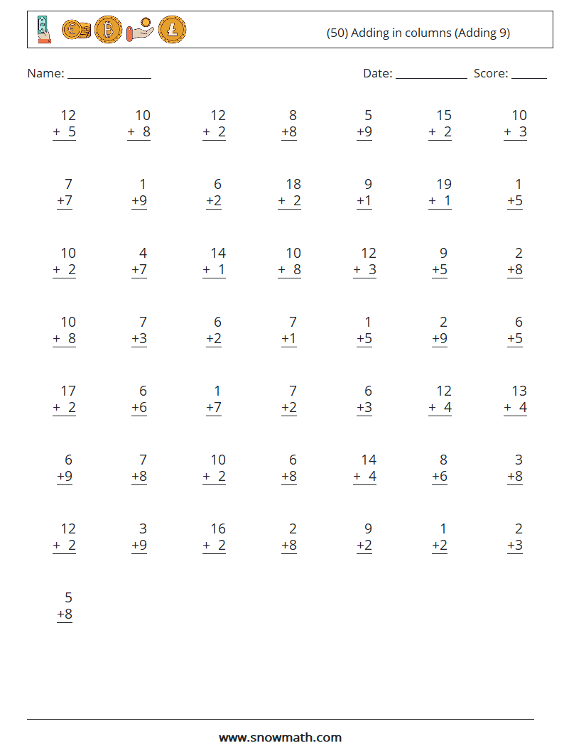 (50) Adding in columns (Adding 9) Math Worksheets 3