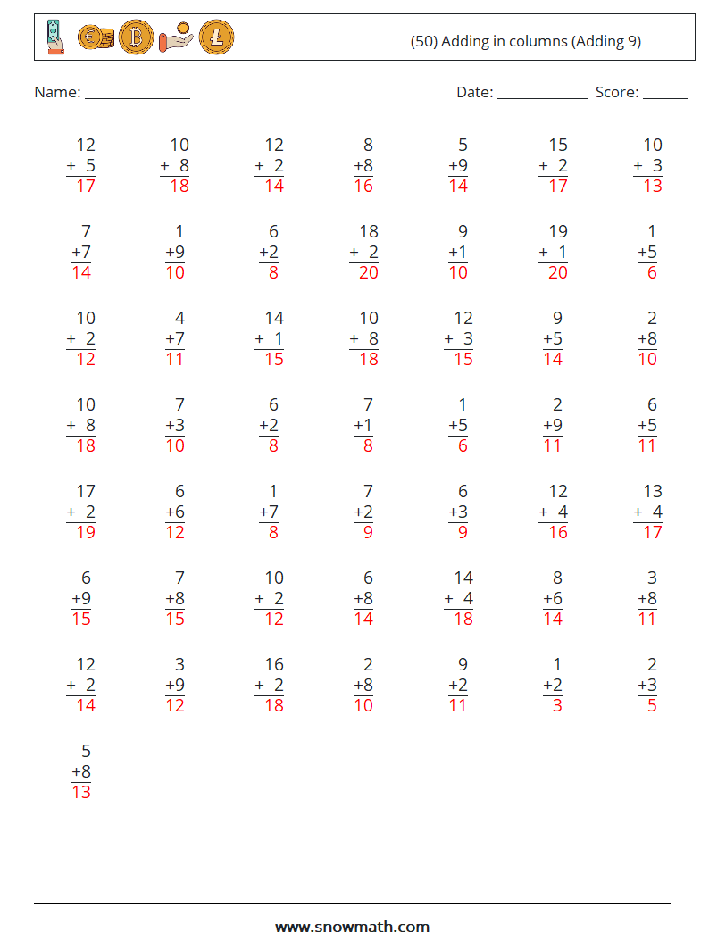 (50) Adding in columns (Adding 9) Math Worksheets 3 Question, Answer