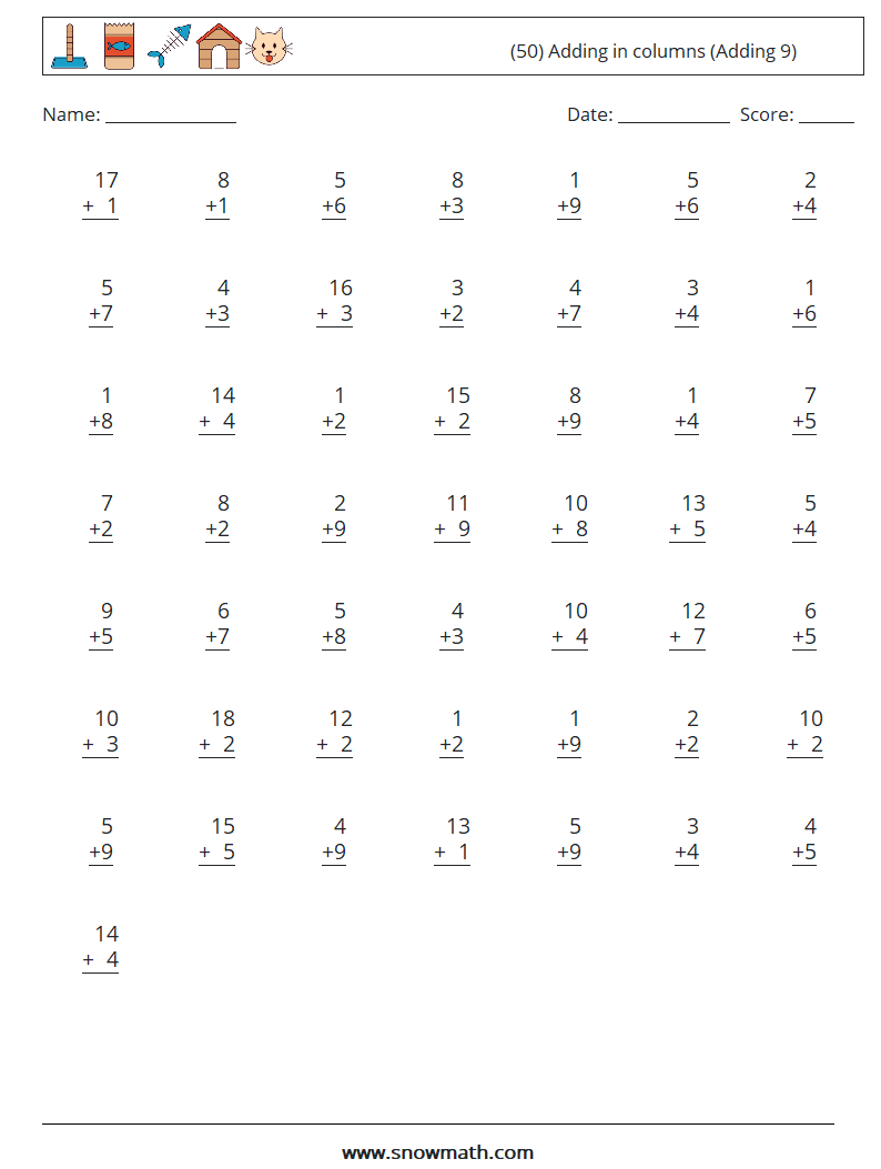 (50) Adding in columns (Adding 9) Math Worksheets 4