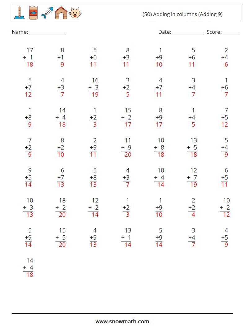(50) Adding in columns (Adding 9) Math Worksheets 4 Question, Answer