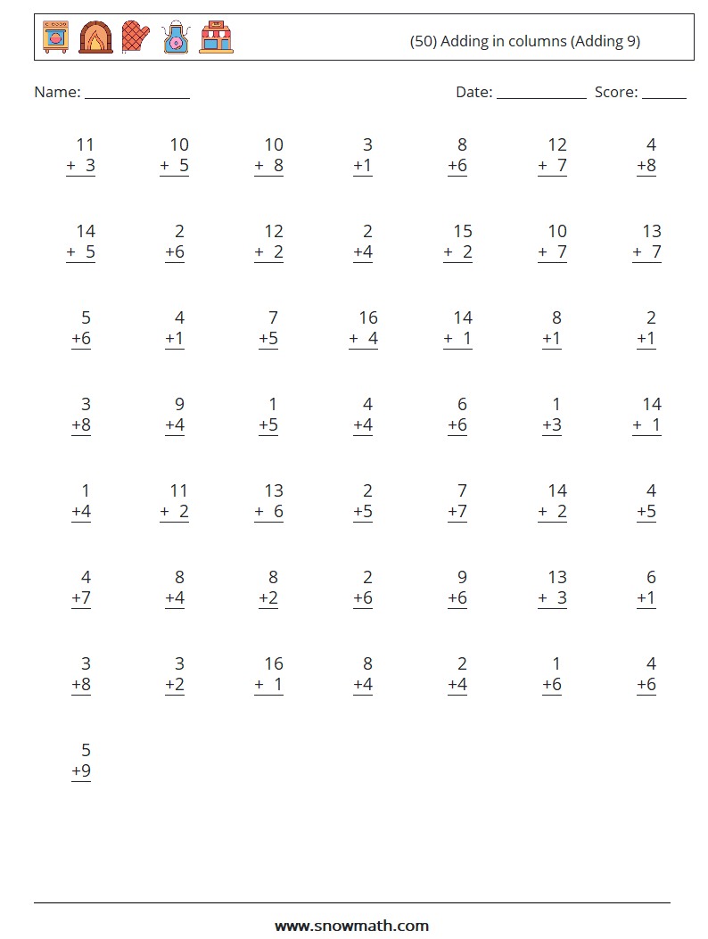 (50) Adding in columns (Adding 9) Math Worksheets 5
