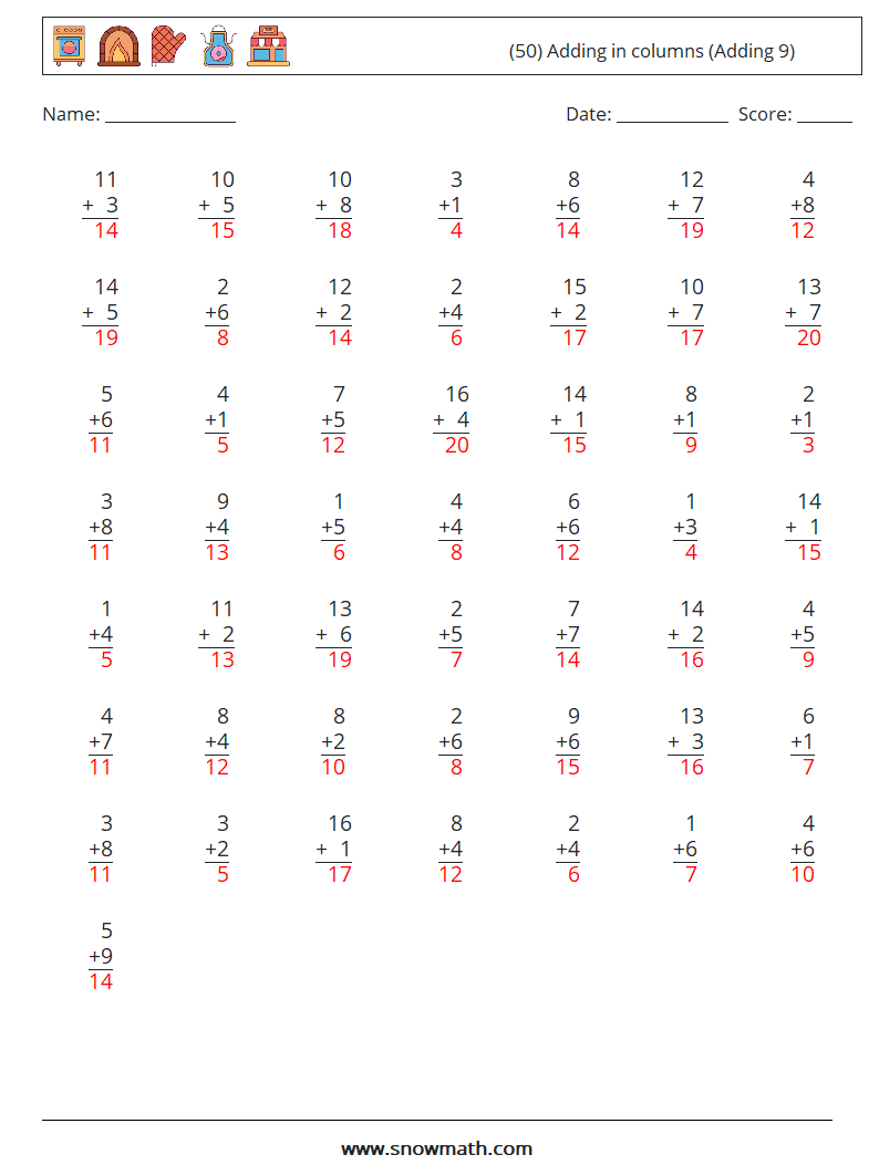 (50) Adding in columns (Adding 9) Math Worksheets 5 Question, Answer